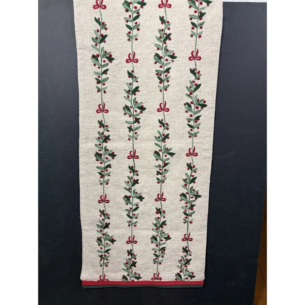 TAHARI Home Christmas Table Runner Natural Red and Green Holly Silver 16